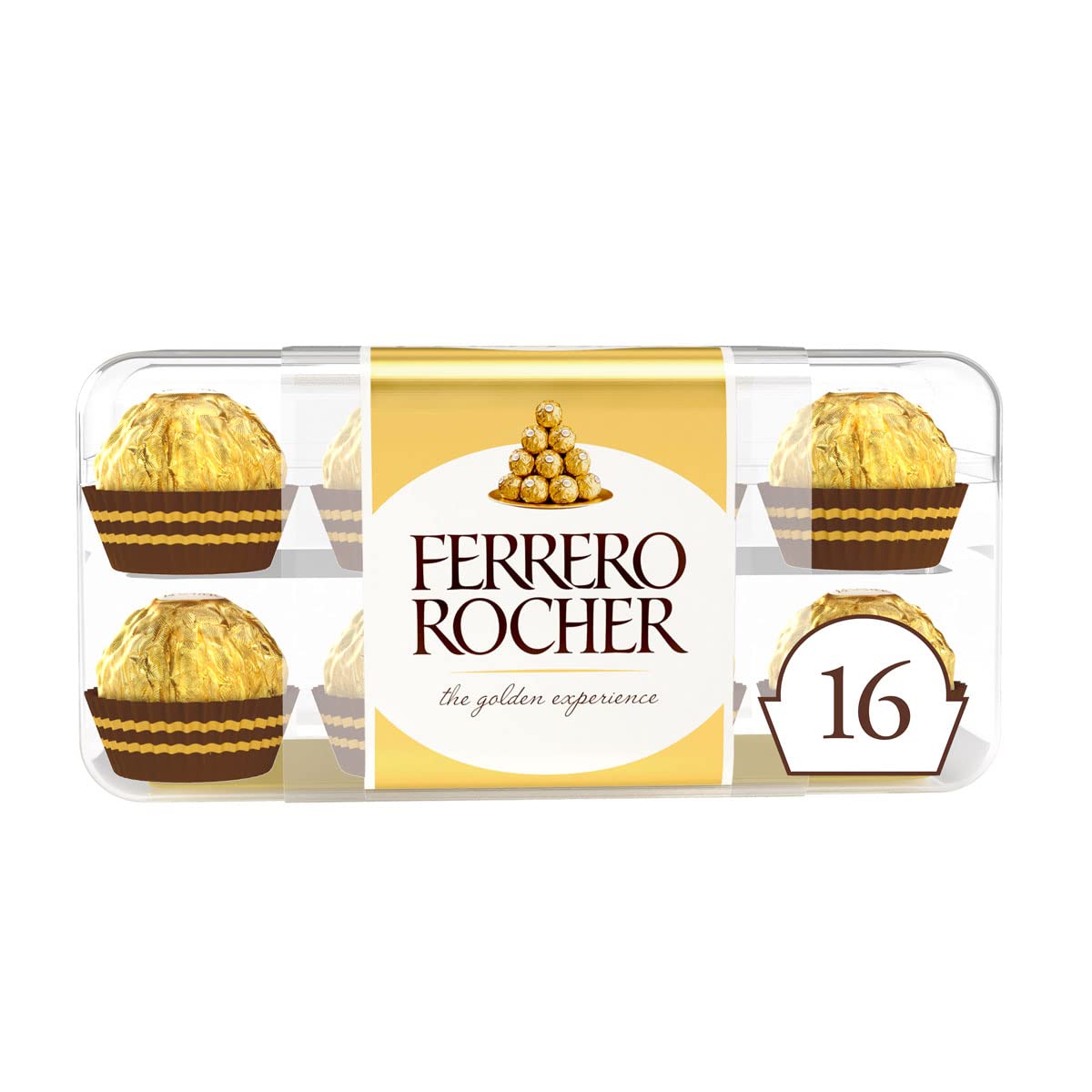 Ferrero Rocher 16-piece chocolate box, front view with gold-wrapped treats
