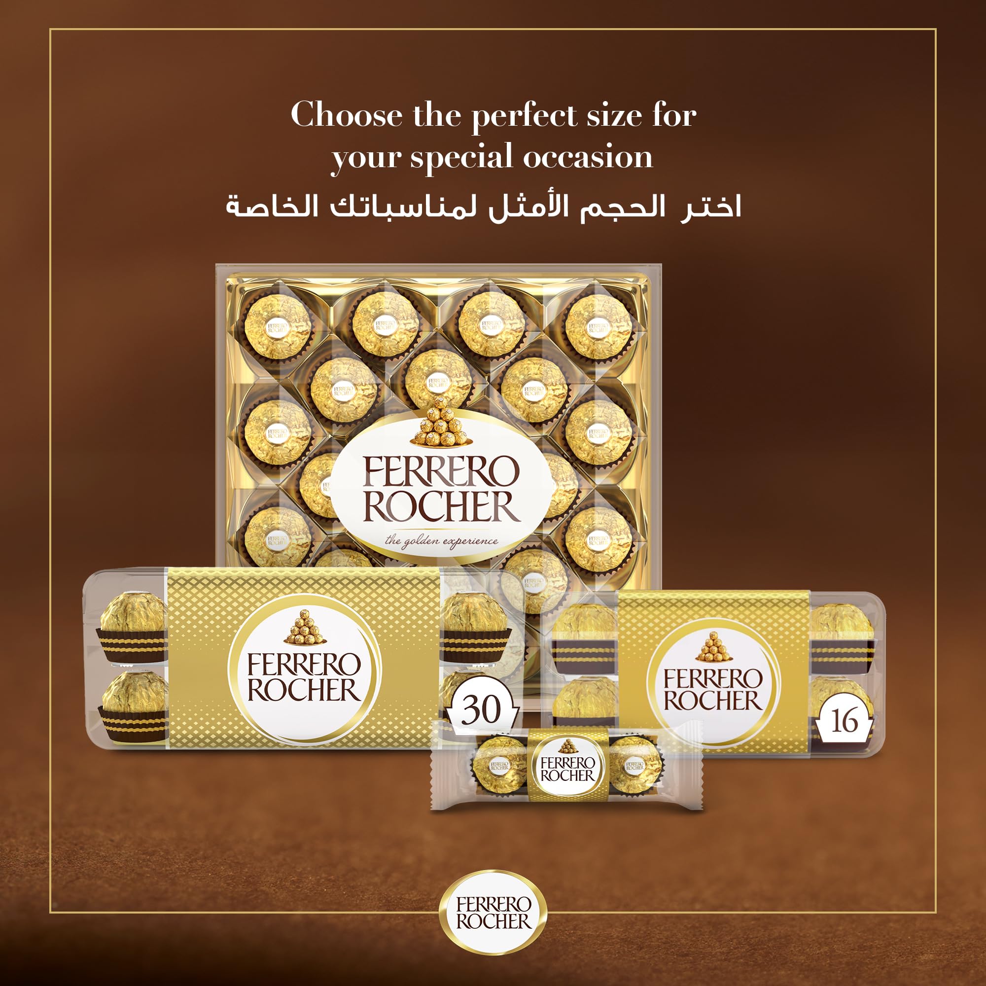 Ferrero Rocher gift packs showing 30 and 16-piece sizes for special occasions