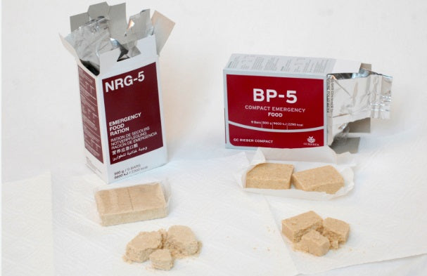 GC Rieber BP-5 emergency food bars with red cartons and foil wrappers