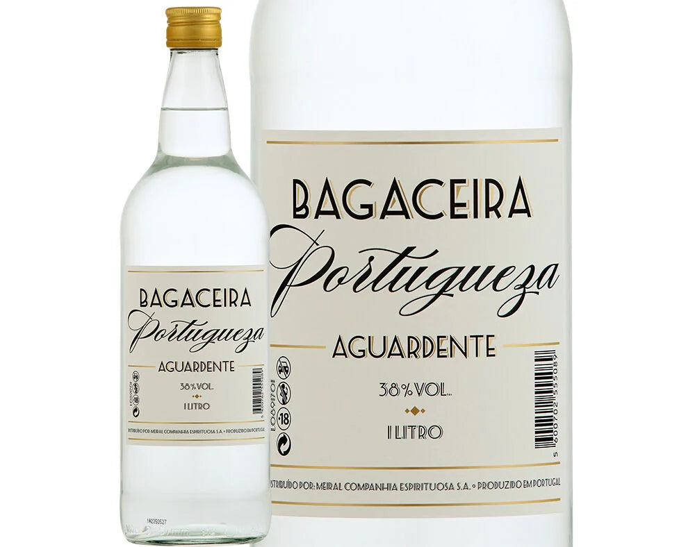 Portuguese Bagaceira aguardente bottle with gold cap, white label, 1 L