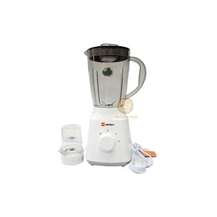 2-in-1 blender with mill base, clear blending jar and lid, control knob, accessory cups