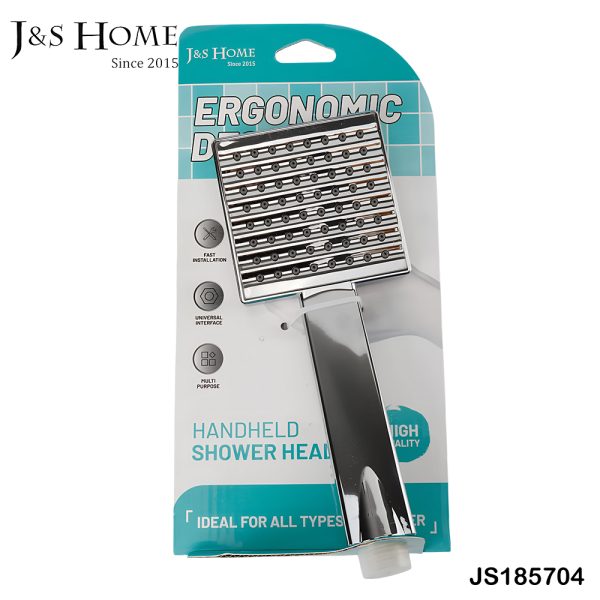 Chrome handheld shower head with adjustable settings and universal mount, retail package