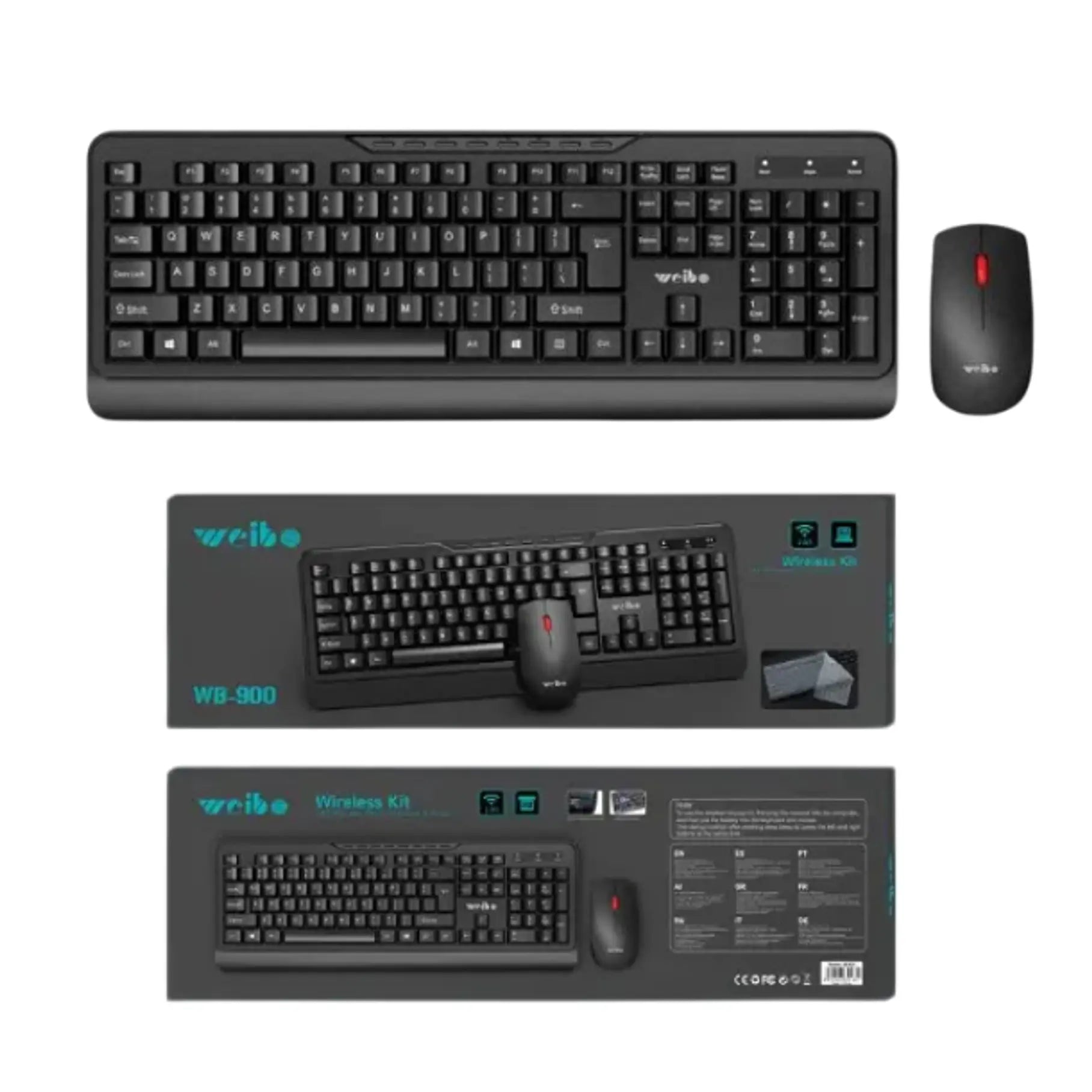 Wireless keyboard and mouse kit, dark compact design with full-size keys and red accents