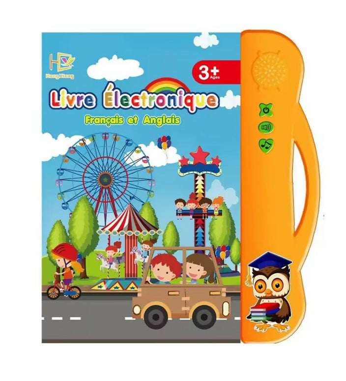 Electronic learning book with blue cover and orange handle, Ferris wheel scene