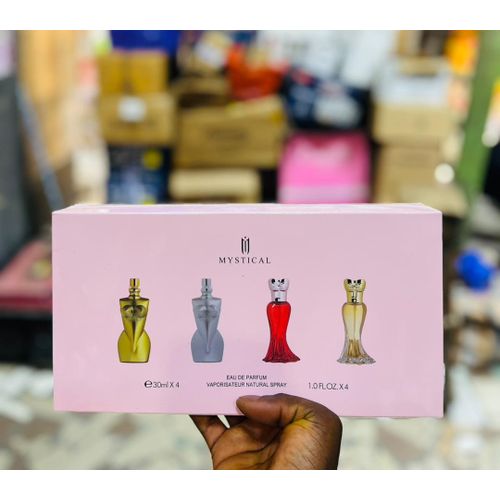 Mystical women’s perfume gift box with four bottle illustrations