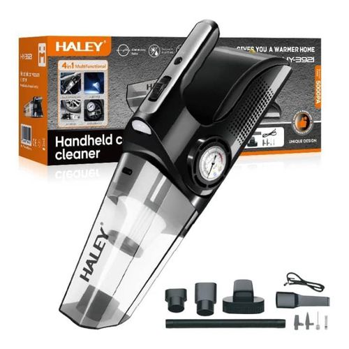 Handheld car vacuum cleaner with black and gray body and snap-on nozzle attachments