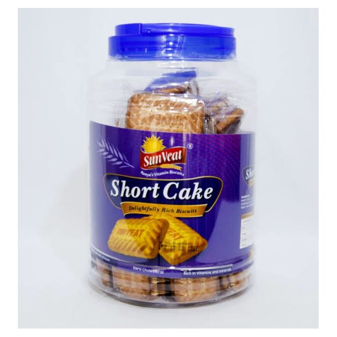 Sunveat shortcake biscuit jar, clear plastic container with blue lid and label