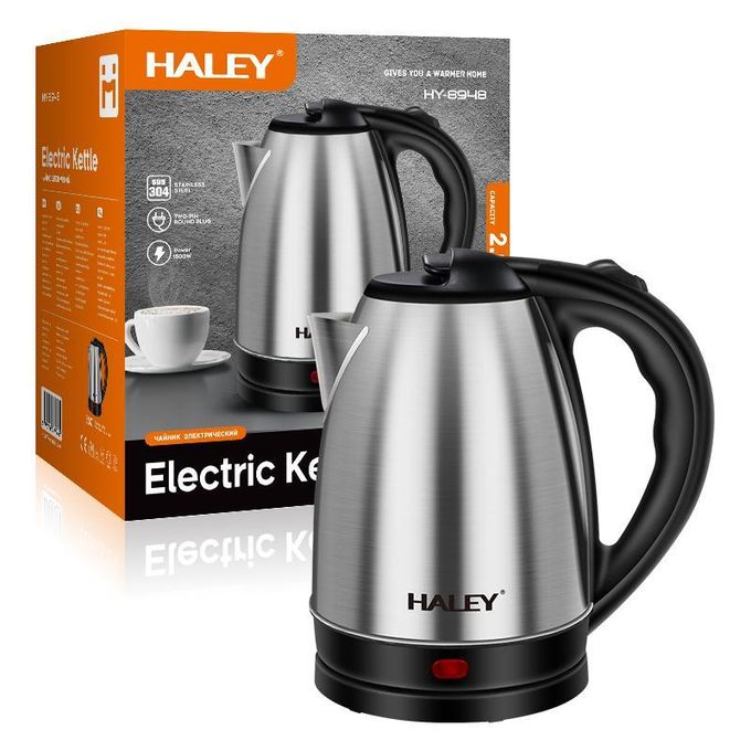 Stainless steel electric kettle with black handle, lid, and base; HALEY logo
