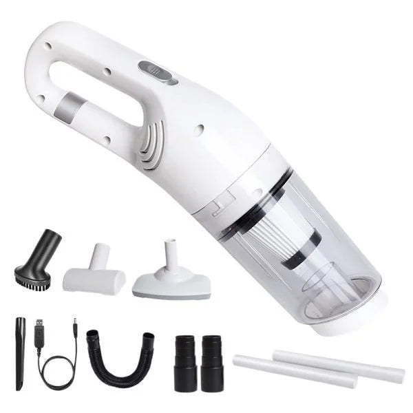 White handheld multifunction vacuum cleaner with assorted nozzles, hose, and filters