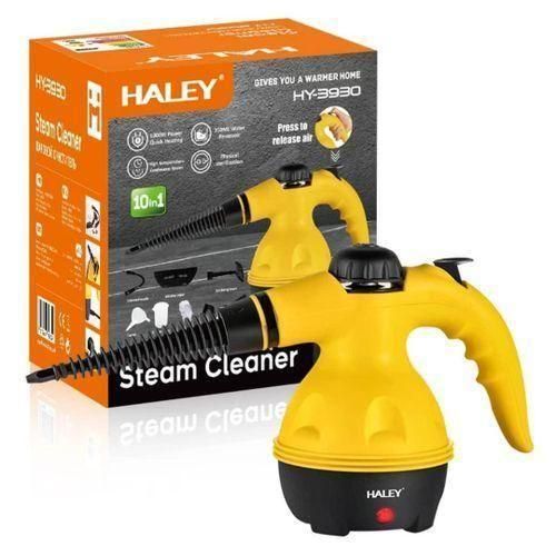 Yellow handheld steam cleaner with black base and trigger, includes nozzle attachments