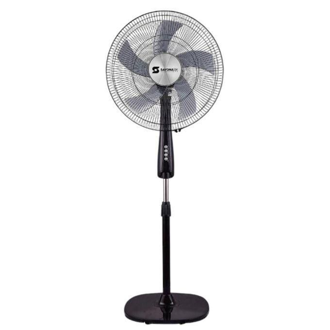 Sayona pedestal fan with round grille and black standing base