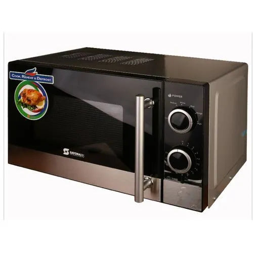 Sayona microwave & grill oven with stainless handle, black door, and control knobs
