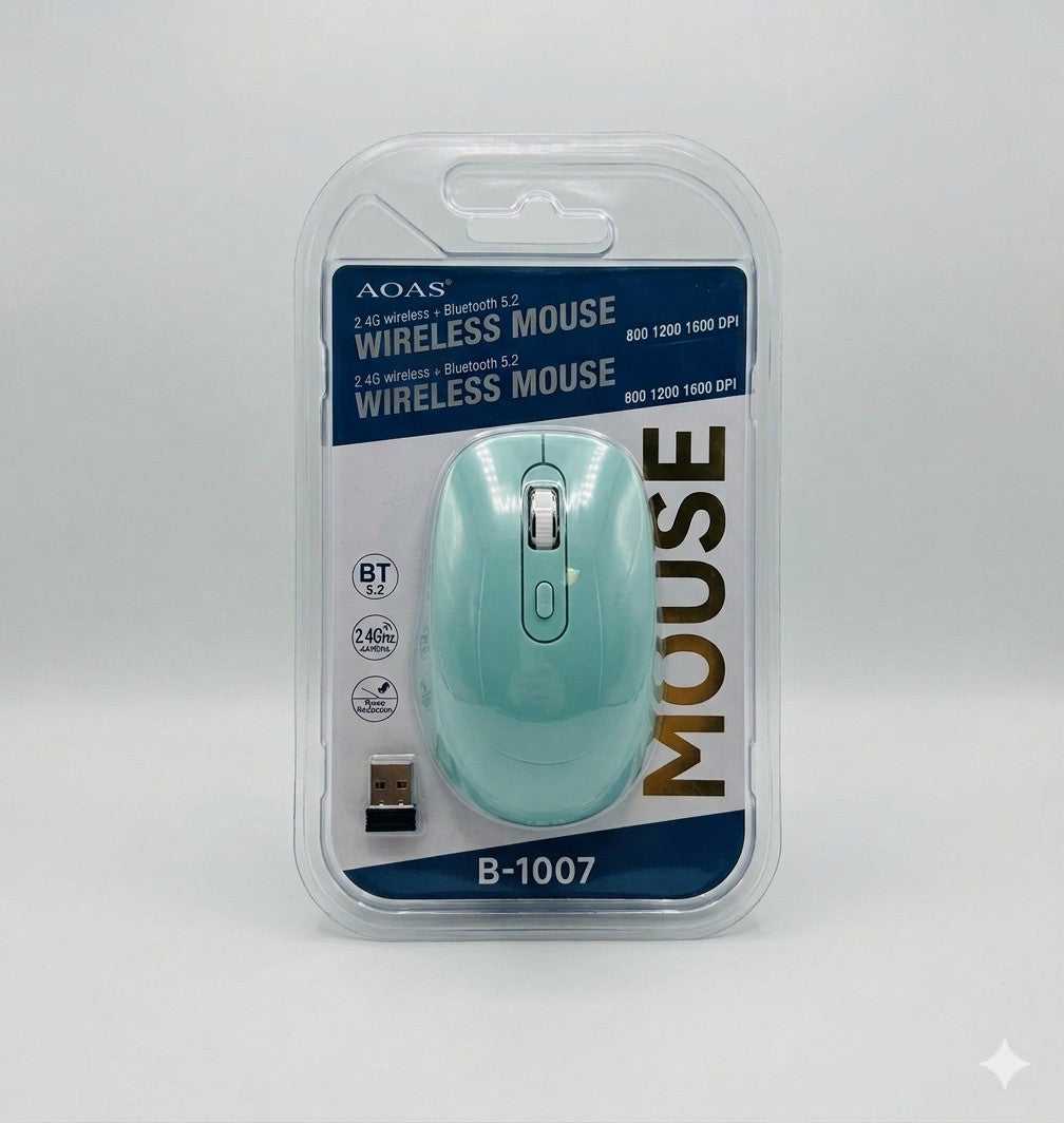 B-1007 teal wireless optical mouse with USB receiver in clear blister pack