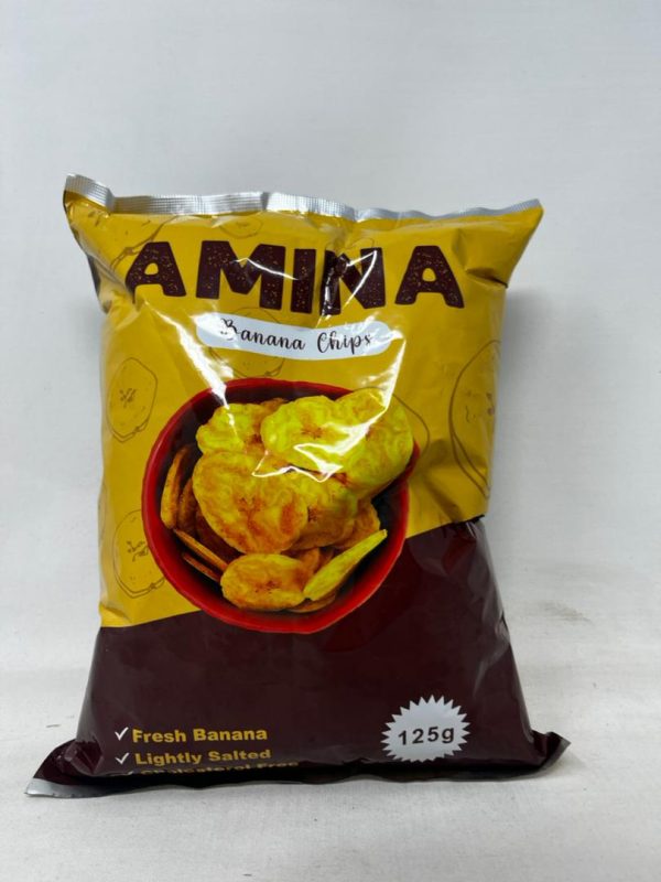 Amina banana chips bag, yellow foil with banana-chips label and 125g weight