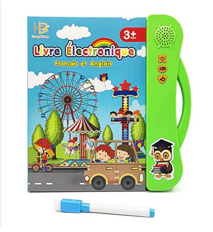 Electronic learning book with blue cover and green handle featuring speaker button icons