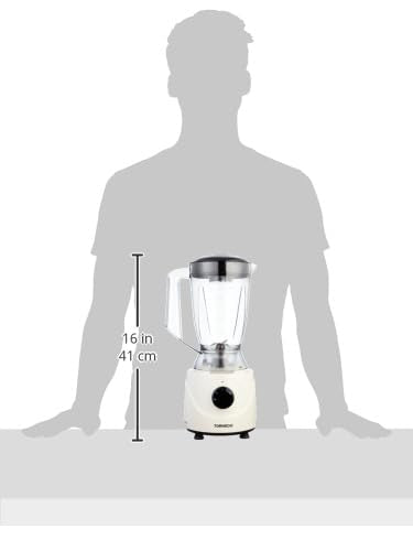 Electric blender shown with size guide, white base and clear jar (16 in / 41 cm)