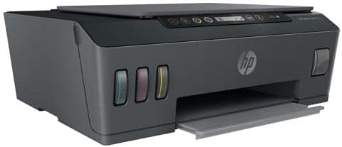 Black HP all-in-one inkjet printer in side view with tank windows and paper output