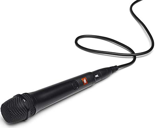 Wired handheld microphone with long black cable and red JBL label