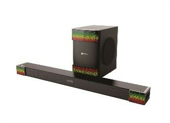 Dark brown soundbar radio with front grille and branded end panel