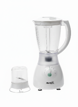 Countertop blender with clear jar and white base, includes small blending cup