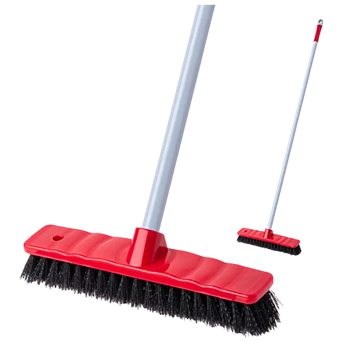 Red floor brush with black bristles and long gray handle, wide rectangular head