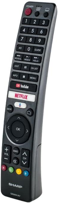 Sharp TV remote control with numeric keypad, navigation buttons, and Netflix shortcut.