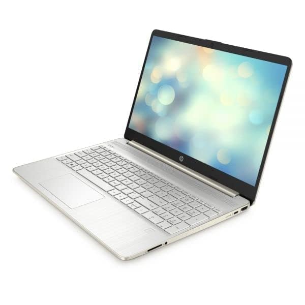 HP 15.6-inch silver laptop angled open, display lit with blue bokeh pattern
