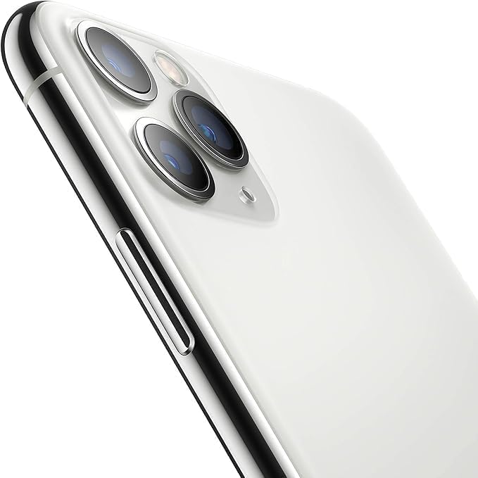Renewed smartphone, white back showing triple camera lenses and side button