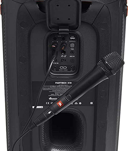 Rear panel of black portable speaker with microphone plugged into the input area