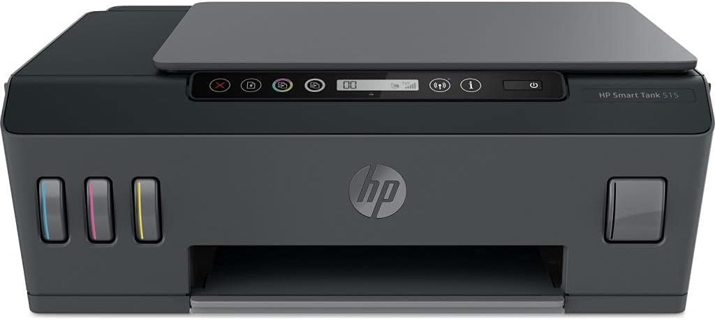 Black HP all-in-one inkjet printer with front control panel and paper output slot