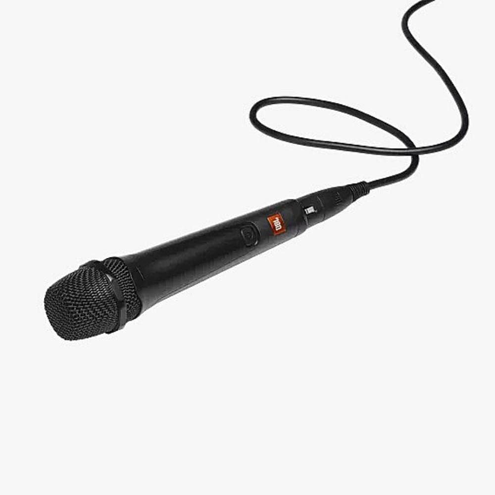 Black wired microphone with cable attached and textured mesh grille