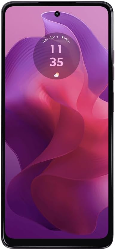 Smartphone front view with 6.6-inch display, purple-pink abstract wallpaper