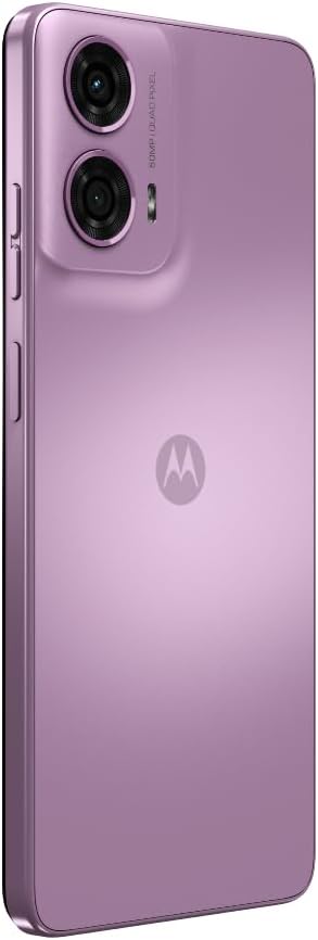 Smartphone back view in lavender with dual rear cameras and Motorola logo
