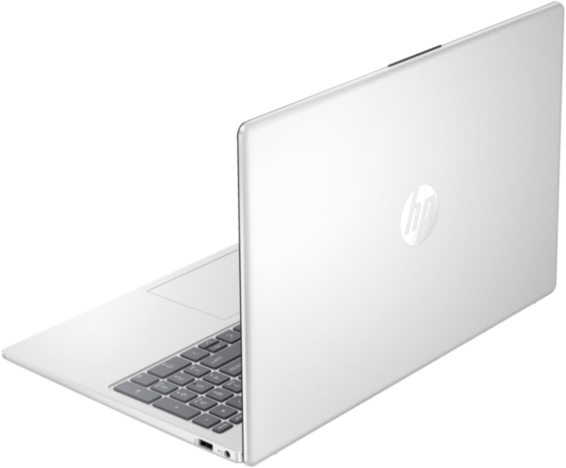 Silver HP laptop back view with logo and keyboard partially visible