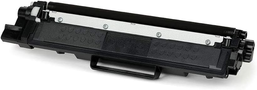 Magenta printer toner cartridge with black plastic housing and label strip