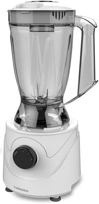 White countertop blender with clear blending jar and black control dial