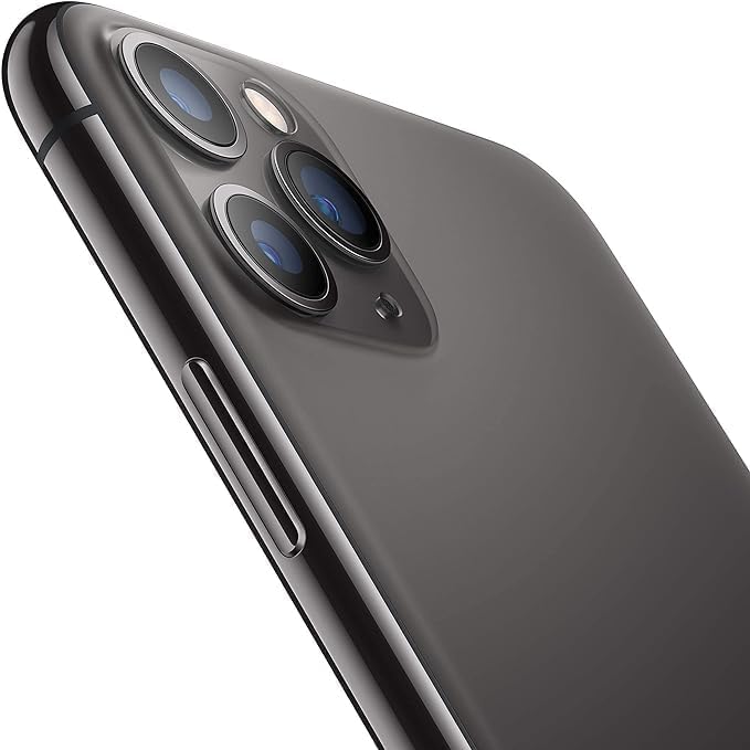 Renewed smartphone, grey back showing triple camera lenses and side button
