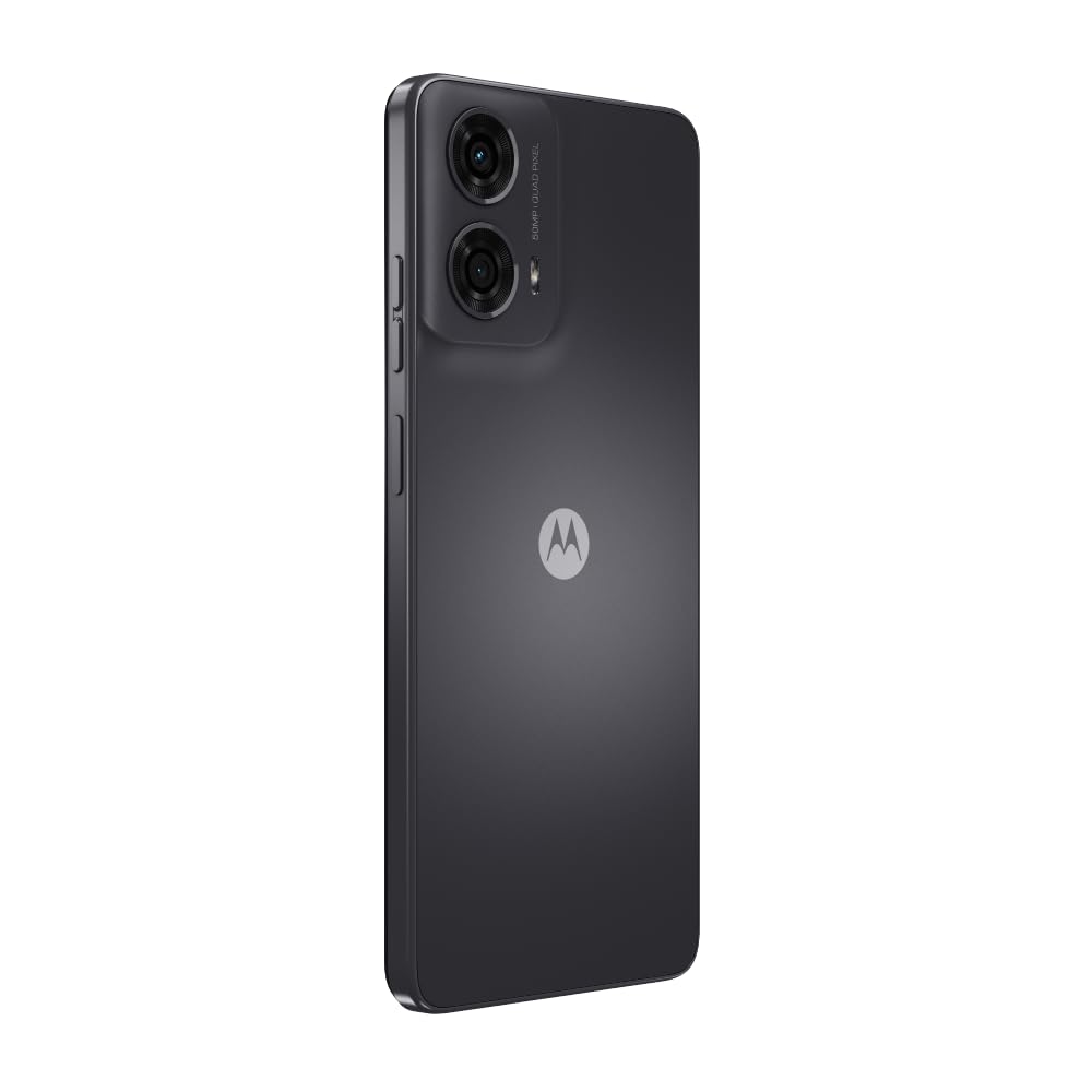 MOTOROLA smartphone in matte charcoal, angled back view with dual rear cameras