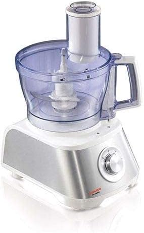 Silver food processor base with clear bowl and central spindle