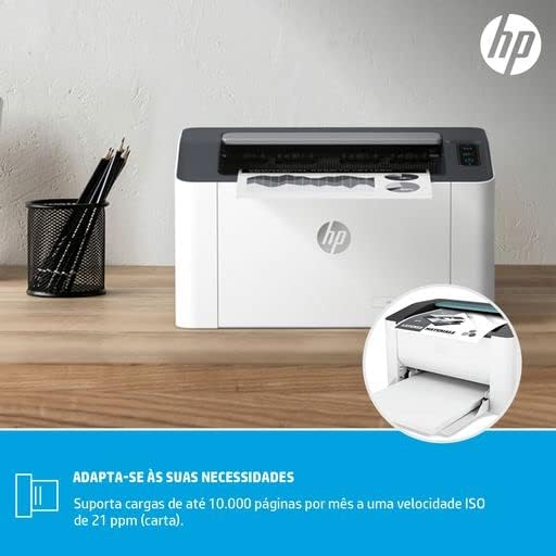 HP Laser 107w laser printer with open paper output area, front view