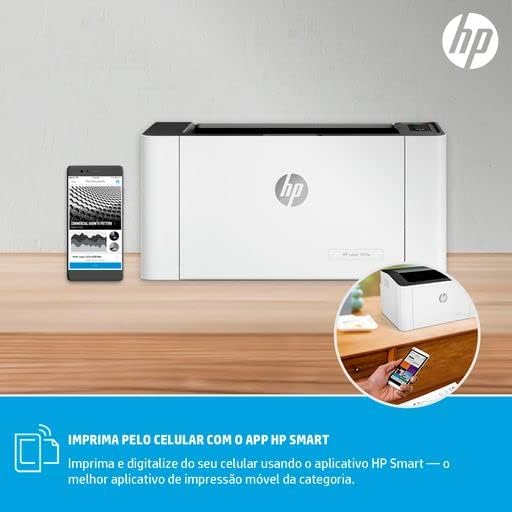 HP Laser 107w laser printer with smartphone beside it, front view