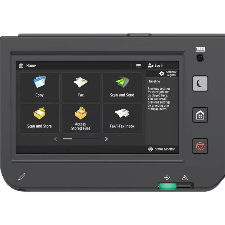 Color multifunction printer control screen with Home, copy, fax, and scan icons