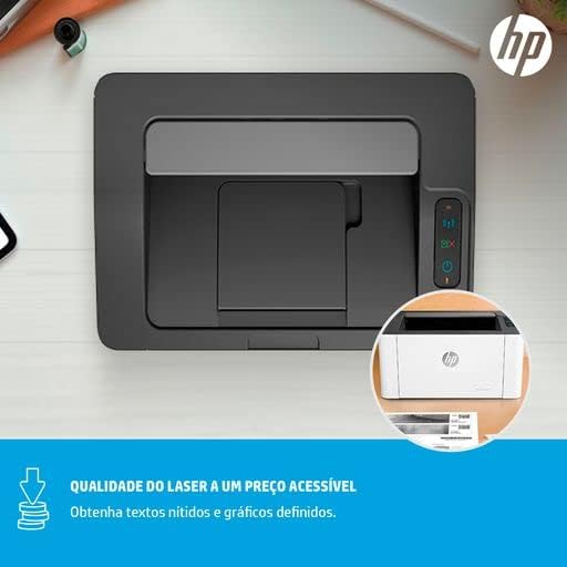 HP Laser 107w laser printer with front cover open, input tray visible