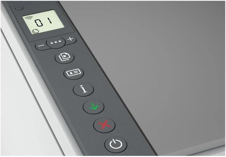 White printer control panel with LCD screen and button icons, close-up