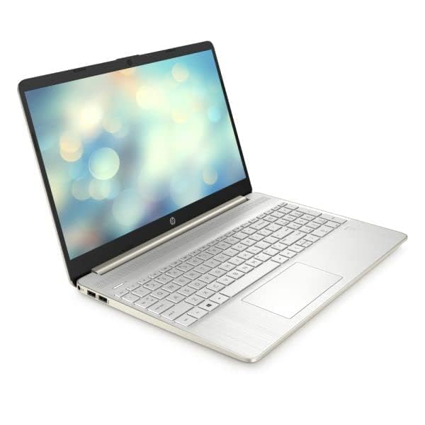 HP 15.6-inch silver laptop open at an angle, keyboard visible under screen