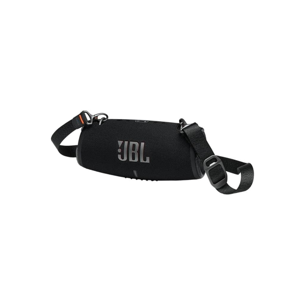 Portable waterproof speaker with attached carrying strap and JBL logo
