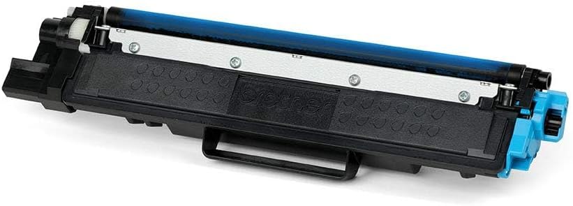 Cyan toner cartridge with black housing and blue connector on the end