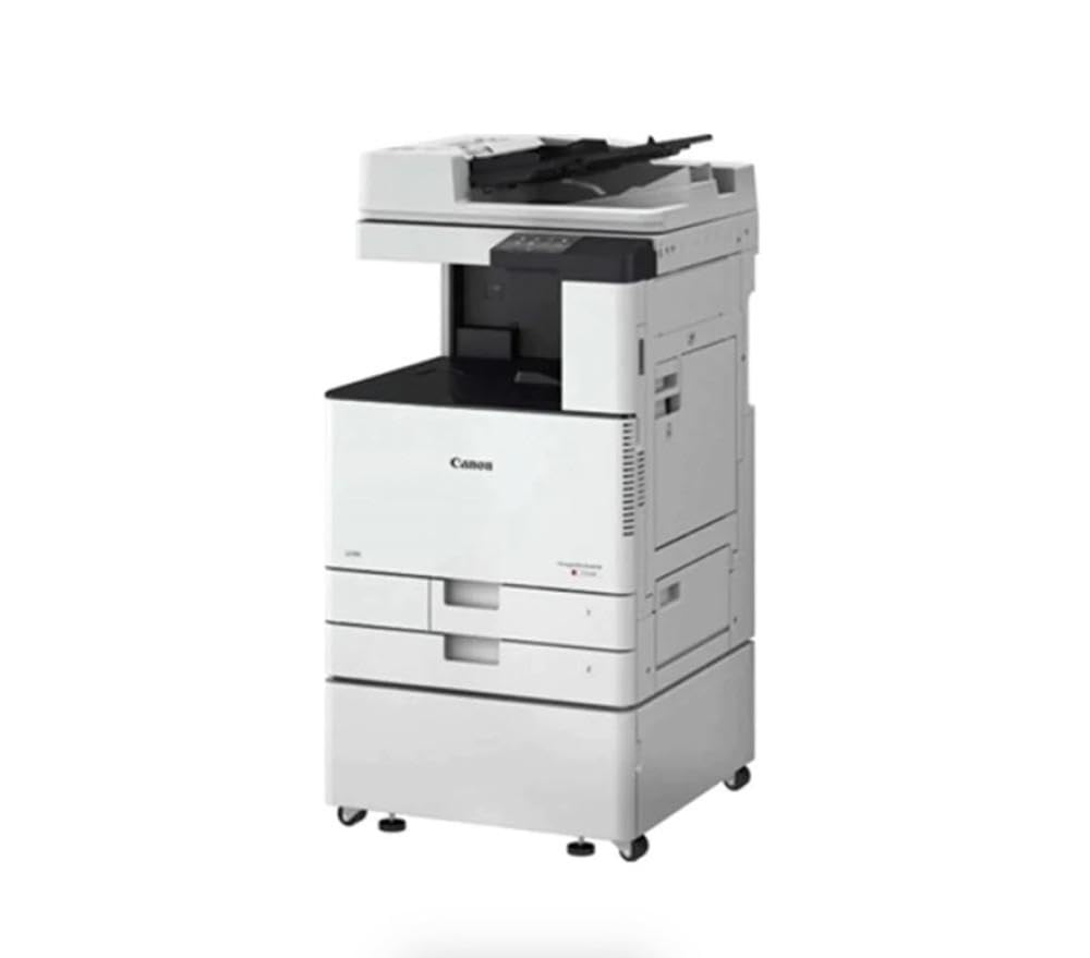 Color multifunction printer with paper tray and output slot, front view on wheels