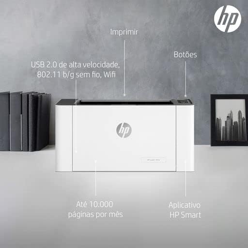 HP Laser 107w laser printer on desktop, front view with side panel details