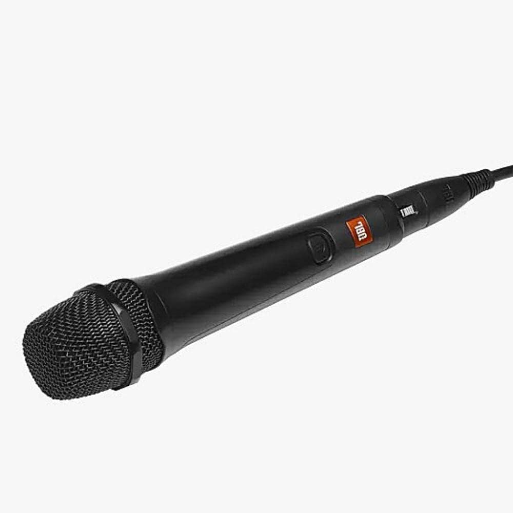 Black wired microphone with wire-mesh grille and connected cable
